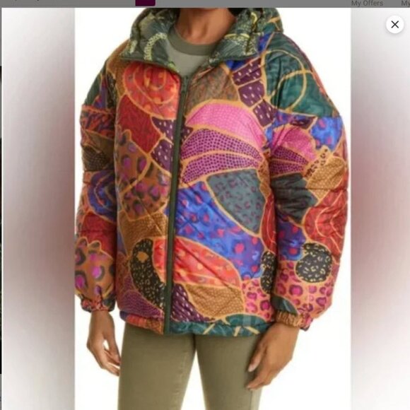 NWT Farm Rio Reversible Green Cool Leopard Puffer Jacket - Size Large - Picture 3 of 11